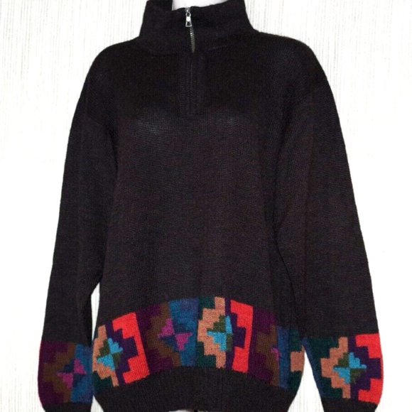Perez baby alpaca Brown Pzip up sweater rint Hand Knit Pullover  Size:L - Picture 1 of 3